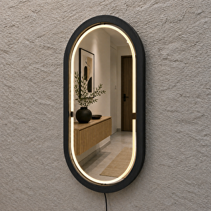 58x102 Cm Kayın Ahşap Çerçeveli Led’li Oval Ayna – 3000k Dimmer Işıklı Dekoratif Banyo Aynası (siyah) 58x102 cm