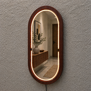 38x67 Cm Kayın Ahşap Çerçeveli Led’li Oval Ayna – 3000k Dimmer Işıklı Dekoratif Banyo Aynası (maun) 38x67 cm 