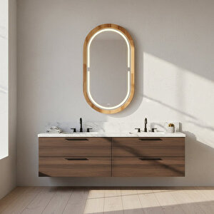 38x67 Cm Kayın Ahşap Çerçeveli Led’li Oval Ayna – 3000k Dimmer Işıklı Dekoratif Banyo Aynası (maun) 38x67 cm 