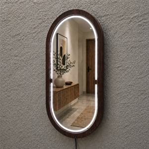38x67 Cm Kayın Ahşap Çerçeveli Led’li Oval Ayna – 6500k Dimmer Işıklı Dekoratif Banyo Aynası (pelesenk) 38x67 cm 