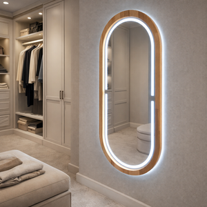 38x67 Cm Kayın Ahşap Çerçeveli Led’li Oval Ayna – 6500k Dimmer Işıklı Dekoratif Banyo Aynası (pelesenk) 38x67 cm 