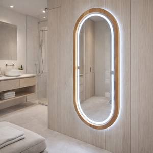 38x67 Cm Kayın Ahşap Çerçeveli Led’li Oval Ayna – 6500k Dimmer Işıklı Dekoratif Banyo Aynası (pelesenk) 38x67 cm 