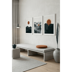 Minimalist Dağ Ve Gün Batımı 3’lü Ahşap Çerçeveli Tablo Seti 21x30 cm