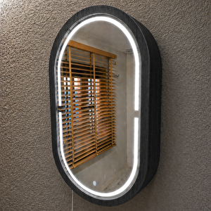 Oval Led’li Duvar Aynası Dolaplı | Dimmerli Dokunmatik Sensörlü | 6500 Beyaz Işıklı Banyo & Makyaj Aynası (siyah) 60x104 cm