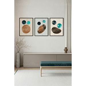 Sakin Tonlarda Çağdaş Soyut Geometrik 3’lü Ahşap Çerçeveli Tablo Seti 21x30 cm