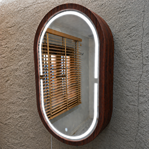 Oval Led’li Duvar Aynası Dolaplı | Dimmerli Dokunmatik Sensörlü | 6500 Beyaz Işıklı Banyo & Makyaj Aynası (pelesenk) 30x53 cm