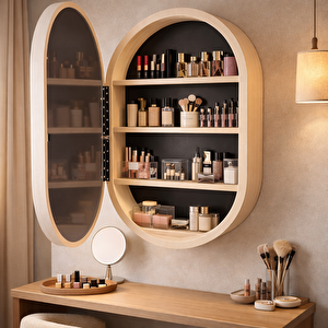 Oval Led’li Duvar Aynası Dolaplı | Dimmerli Dokunmatik Sensörlü | 6500 Beyaz Işıklı Banyo & Makyaj Aynası (pelesenk) 30x53 cm