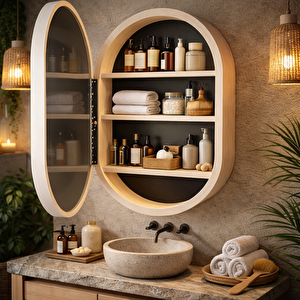 Oval Led’li Duvar Aynası Dolaplı | Dimmerli Dokunmatik Sensörlü | 6500 Beyaz Işıklı Banyo & Makyaj Aynası (pelesenk) 30x53 cm