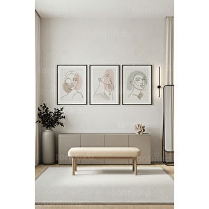 Minimalist Çizgi Sanatı Kadın Yüzleri 3’lü Ahşap Çerçeveli Tablo Seti 30x42 cm