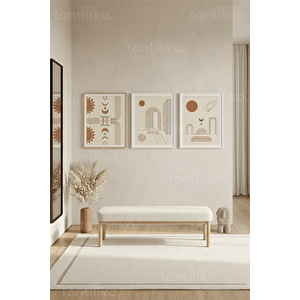 Doğal Tonlarda Soyut Geometrik Formlar 3’lü Ahşap Çerçeveli Tablo Seti 50 x 70 cm