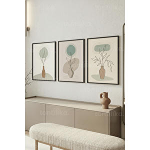 Modern Soyut Bitki Çizimi 3’lü Ahşap Çerçeveli Tablo Seti 21x30 cm