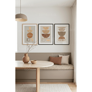 Doğal Toprak Tonları Soyut Formlar 3’lü Ahşap Çerçeveli Tablo Seti 50 x 70 cm