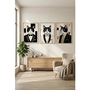 Smokinli Kedi Portreleri 3’lü Ahşap Çerçeveli Tablo Seti 21x30 cm