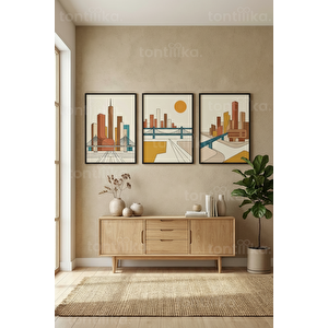 Soyut Şehir Manzaraları Modern 3’lü Ahşap Çerçeveli Tablo Seti 50 x 70 cm