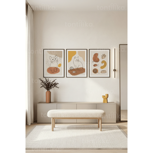 Modern Minimalist Kedi Temalı 3’lü Ahşap Çerçeveli Tablo Seti 30x42 cm