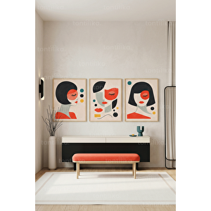 Modern Stilize Kadın Yüzleri 3’lü Ahşap Çerçeveli Tablo Seti 21x30 cm