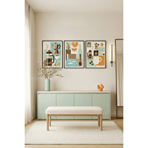 Modern Mutfak Ve Kahve Temalı 3’lü Ahşap Çerçeveli Tablo Seti 50 x 70 cm