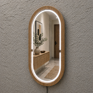 58x102 Cm Kayın Ahşap Çerçeveli Led’li Oval Ayna – 6500k Dimmer Işıklı Dekoratif Banyo Aynası (tik) 58x102 cm