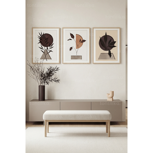 Modern Minimalist Soyut Botanik Desenler 3’lü Ahşap Çerçeveli Tablo Seti 21x30 cm