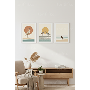 Minimalist Sahil Kuşları Gün Batımı 3’lü Ahşap Çerçeveli Tablo Seti 21x30 cm