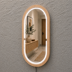 68x119 Cm Kayın Ahşap Çerçeveli Led’li Oval Ayna – 6500k Dimmer Işıklı Dekoratif Banyo Aynası (kayın) 68x119 cm