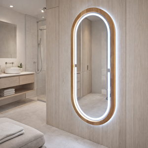 68x119 Cm Kayın Ahşap Çerçeveli Led’li Oval Ayna – 6500k Dimmer Işıklı Dekoratif Banyo Aynası (kayın) 68x119 cm