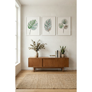 Minimalist Tropikal Yaprak Tasarımlı 3’lü Ahşap Çerçeveli Tablo Seti 30x42 cm