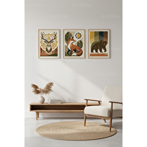 Orman Hayvanları Doğal Yaşam 3’lü Ahşap Çerçeveli Tablo Seti 30x42 cm