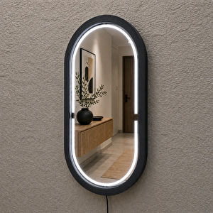 48x84 Cm Kayın Ahşap Çerçeveli Led’li Oval Ayna – 6500k Dimmer Işıklı Dekoratif Banyo Aynası (siyah) 48x84 cm