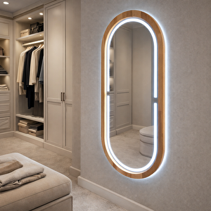 48x84 Cm Kayın Ahşap Çerçeveli Led’li Oval Ayna – 6500k Dimmer Işıklı Dekoratif Banyo Aynası (siyah) 48x84 cm