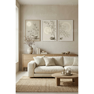 Zen Bambu Ve Ay Motifli 3’lü Ahşap Çerçeveli Tablo Seti 21x30 cm