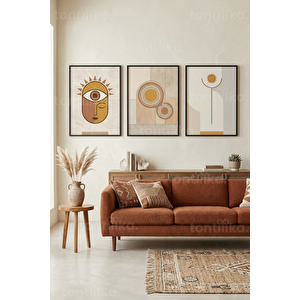 Bohem Toprak Tonları Soyut Güneş 3’lü Ahşap Çerçeveli Tablo Seti 30x42 cm