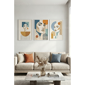 Modern Geometrik Soyut Kadın Portreleri 3’lü Ahşap Çerçeveli Tablo Seti 30x42 cm