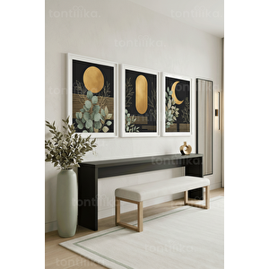 Modern Botanik Geometrik Altın Detaylı 3’lü Ahşap Çerçeveli Tablo Seti 30x42 cm