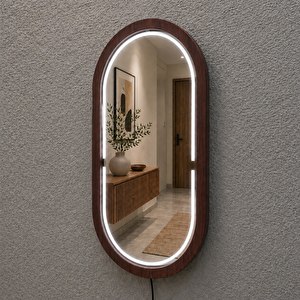 38x67 Cm Kayın Ahşap Çerçeveli Led’li Oval Ayna – 6500k Dimmer Işıklı Dekoratif Banyo Aynası (maun) 38x67 cm 