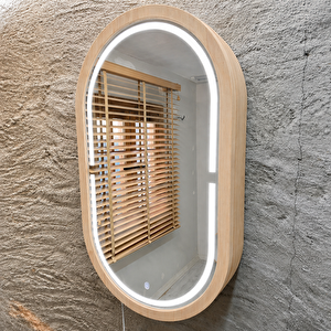Oval Led’li Duvar Aynası Dolaplı | Dimmerli Dokunmatik Sensörlü | 6500 Beyaz Işıklı Banyo & Makyaj Aynası (kayın) 30x53 cm