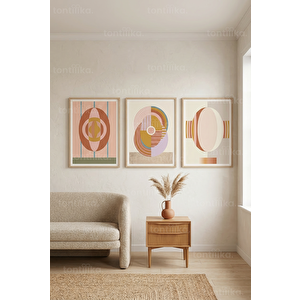 Bohem Modern Soyut Geometrik 3’lü Ahşap Çerçeveli Tablo Seti 50 x 70 cm