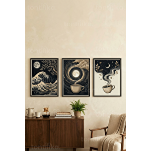 Ayın Ve Kahvenin Büyüsü 3’lü Ahşap Çerçeveli Tablo Seti 50 x 70 cm