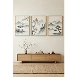 Japon Minimalist Manzara 3’lü Ahşap Çerçeveli Tablo Seti 30x42 cm
