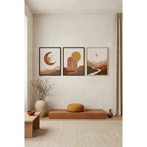 Toprak Tonlarında Göksel Manzaralar 3’lü Ahşap Çerçeveli Tablo Seti 30x42 cm