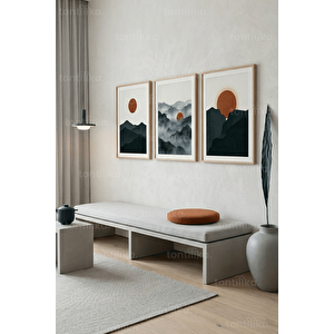 Minimalist Dağ Ve Gün Batımı 3’lü Ahşap Çerçeveli Tablo Seti 21x30 cm
