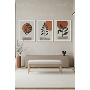 Minimalist Soyut Bitki Temalı 3’lü Ahşap Çerçeveli Tablo Seti 50 x 70 cm