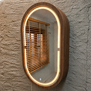 Oval Led’li Duvar Aynası Dolaplı | Dimmerli Dokunmatik Sensörlü | 3000k Günışıklı Banyo & Makyaj Aynası (ceviz) 50x87 cm