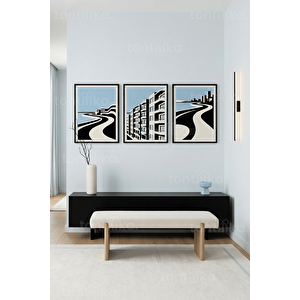 Minimalist Mimari Ve Şehir Manzaraları 3’lü Ahşap Çerçeveli Tablo Seti 50 x 70 cm