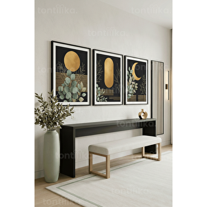 Modern Botanik Geometrik Altın Detaylı 3’lü Ahşap Çerçeveli Tablo Seti 21x30 cm