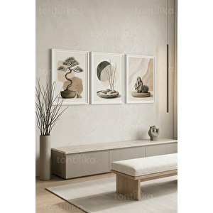 Modern Zen Bahçesi Doğa Temalı 3’lü Ahşap Çerçeveli Tablo Seti 30x42 cm