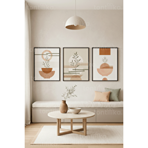 Sakin Toprak Tonlarında Modern Botanik 3’lü Ahşap Çerçeveli Tablo Seti 21x30 cm