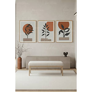Minimalist Soyut Bitki Temalı 3’lü Ahşap Çerçeveli Tablo Seti 30x42 cm