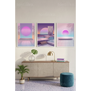 Fütüristik Pastel Soyut Geometrik 3’lü Ahşap Çerçeveli Tablo Seti 21x30 cm