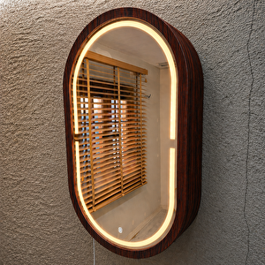 Oval Led’li Duvar Aynası Dolaplı | Dimmerli Dokunmatik Sensörlü | 3000k Günışıklı Banyo & Makyaj Aynası (pelesenk) 40x70 cm